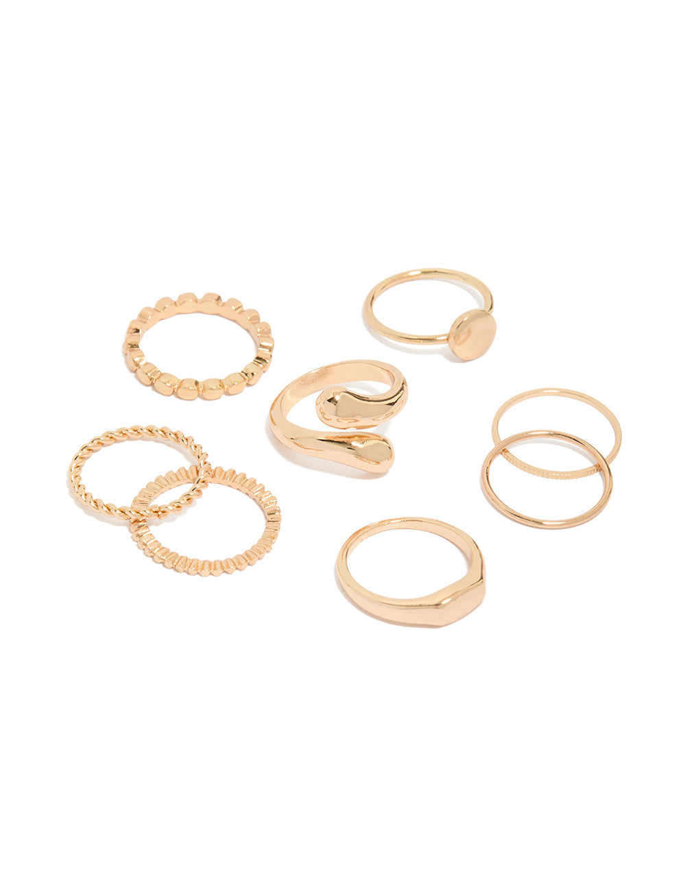 Featuring gold thin wrap circle and rectangle signet rings in an 8-pack In dainty styling front view