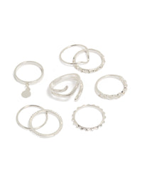 Showcasing a mixed swirl stacking rings 8-pack featuring charm disc details in silver front view - link has visual effect only