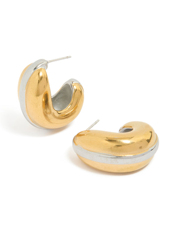 Showcasing waterproof mixed plated stainless steel hoop earrings in silver and gold front view