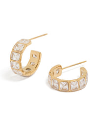 Waterproof gold plated stainless steel cubic zirconia rectangle bezel hoop earrings front view - link has visual effect only