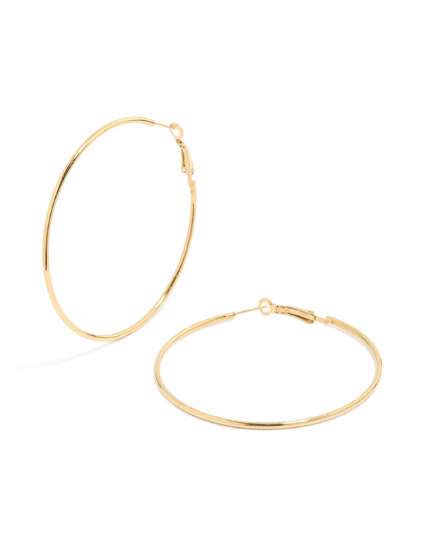 Showcasing waterproof thin hoop earrings crafted from gold plated stainless steel and hoop closure front view