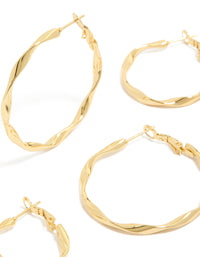 Featuring waterproof twisted hoop earrings in gold plated stainless steel 3-pack close up view - link has visual effect only