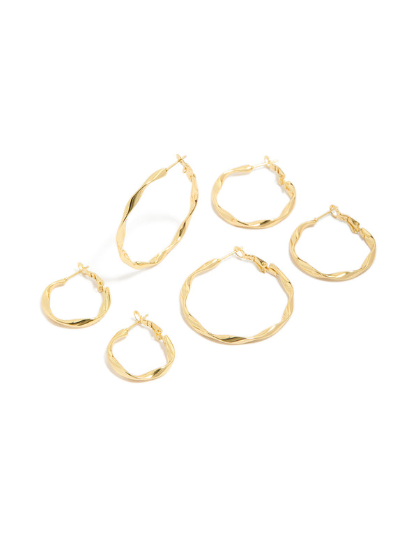 Showcasing waterproof twisted hoop earrings in gold plated stainless steel 3-pack front view
