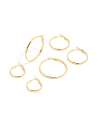 Featuring waterproof gold plated stainless steel wide round hoop earrings in a 3-pack front view - link has visual effect only