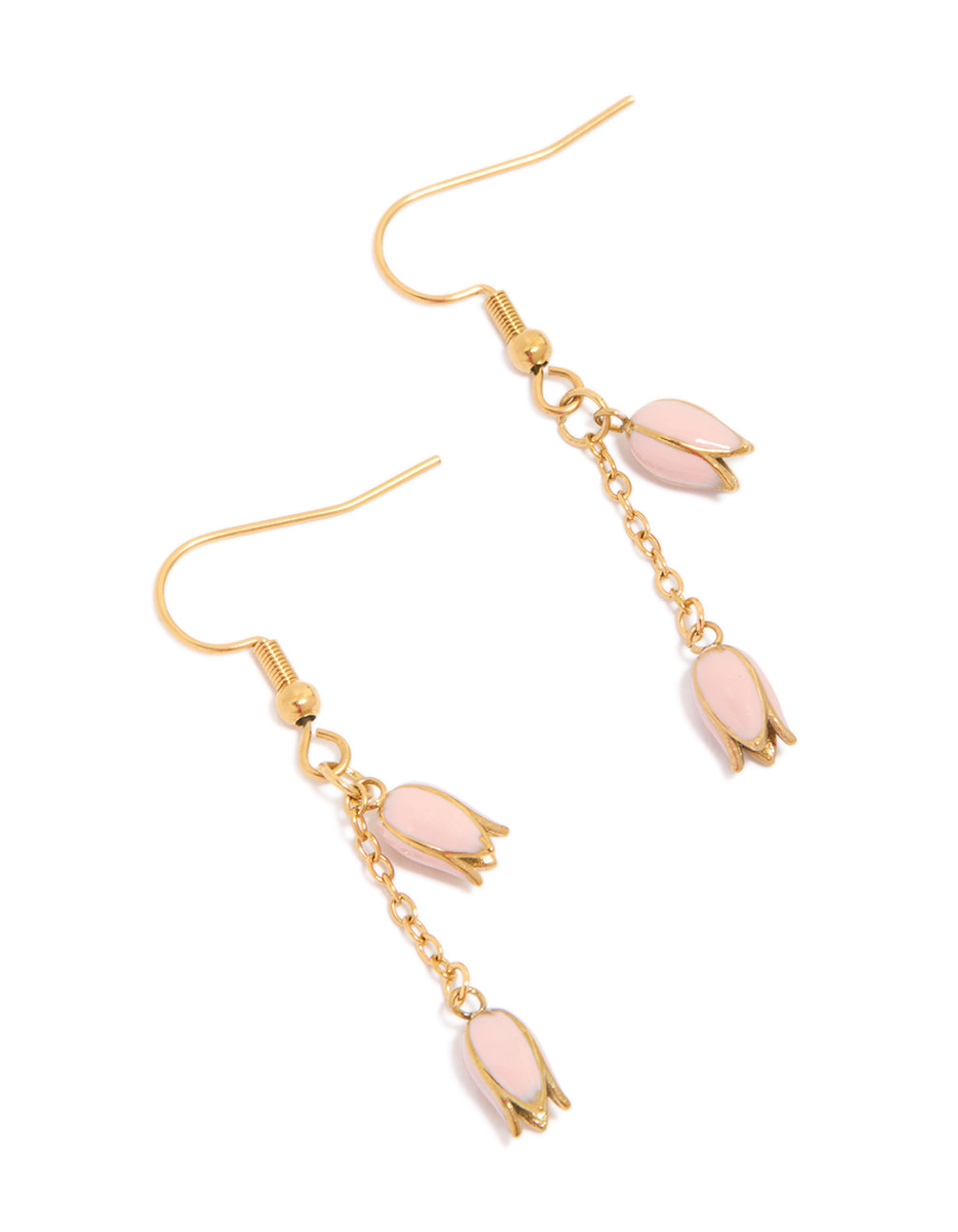 Showcasing waterproof gold plated stainless steel pink tulips drop earrings with floral design front view