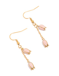 Showcasing waterproof drop earrings with pink tulips crafted from gold plated stainless steel and charm features front view - link has visual effect only