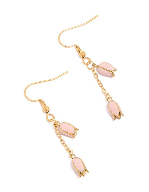 Showcasing waterproof drop earrings with pink tulips crafted from gold plated stainless steel and charm features front view