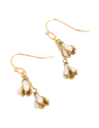 Discover waterproof gold plated stainless steel forget me not flower drop earrings in white front view - link has visual effect only