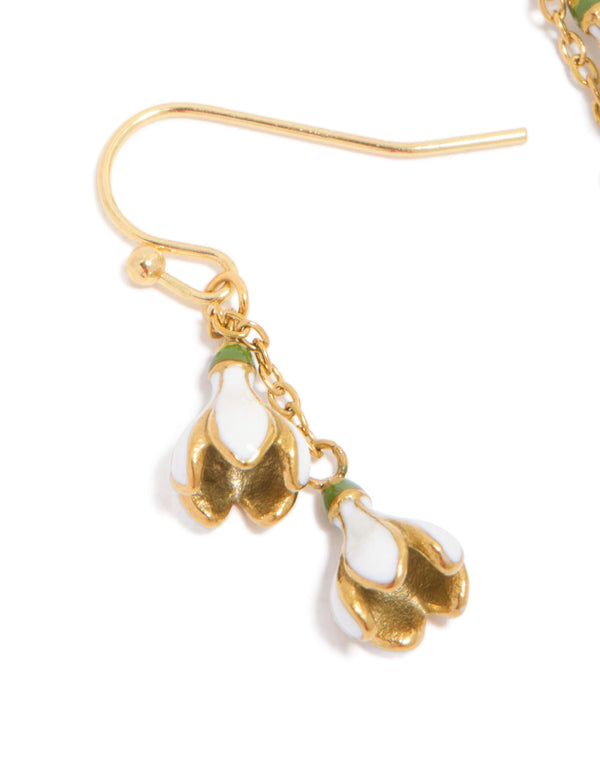 Featuring waterproof gold plated stainless steel forget me not flower drop earrings in white close up view
