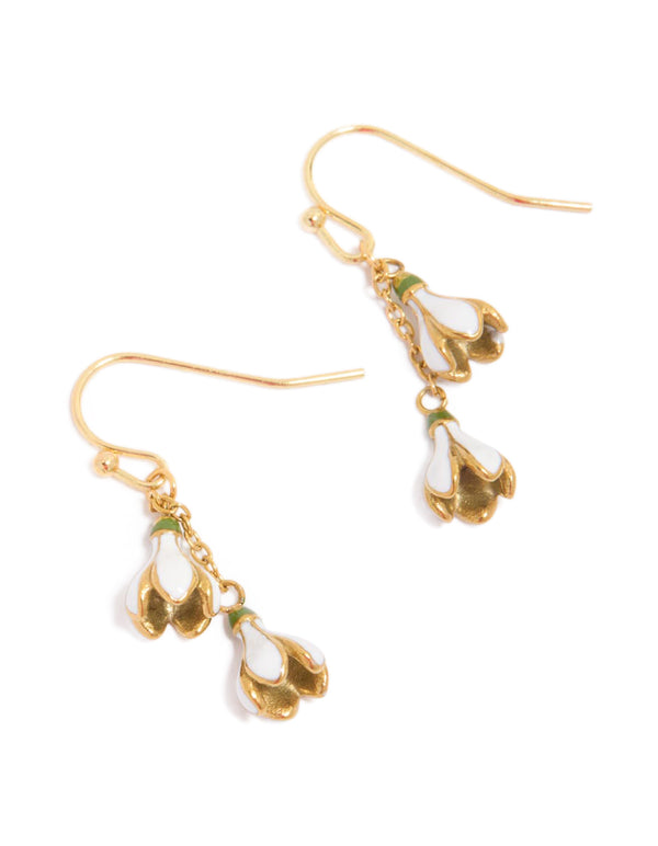 Discover waterproof gold plated stainless steel forget me not flower drop earrings in white front view