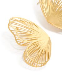 Showcasing waterproof laser cut butterfly stud earrings in stainless steel with animal details and gold plated finish close up view - link has visual effect only