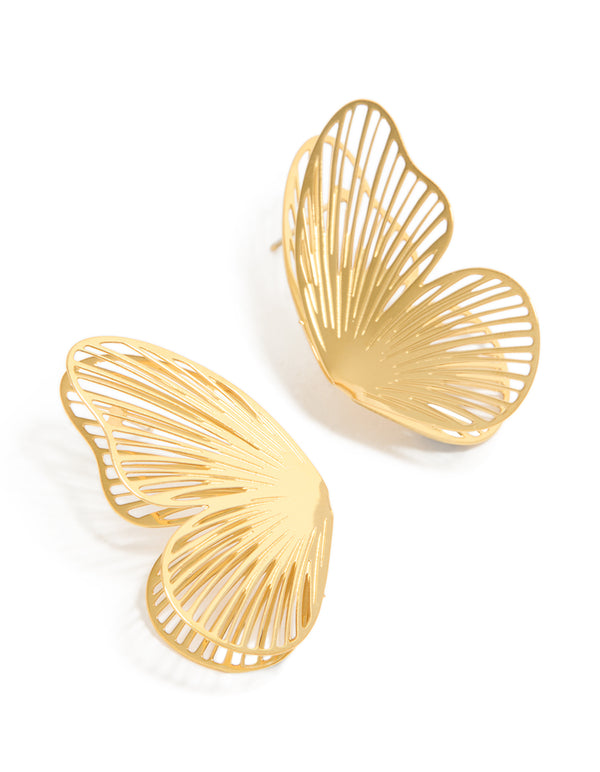 Featuring waterproof laser cut butterfly stud earrings crafted from stainless steel motifs in gold plated finish front view