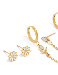 Crafted from waterproof gold plated stainless steel, this floral spring earrings pack features with hoop, stud, closures close up view - link has visual effect only