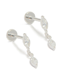 Showcasing waterproof stainless steel marquise cubic zirconia drop flat back studs crafted from crystal in silver and clear earrings front view - link has visual effect only