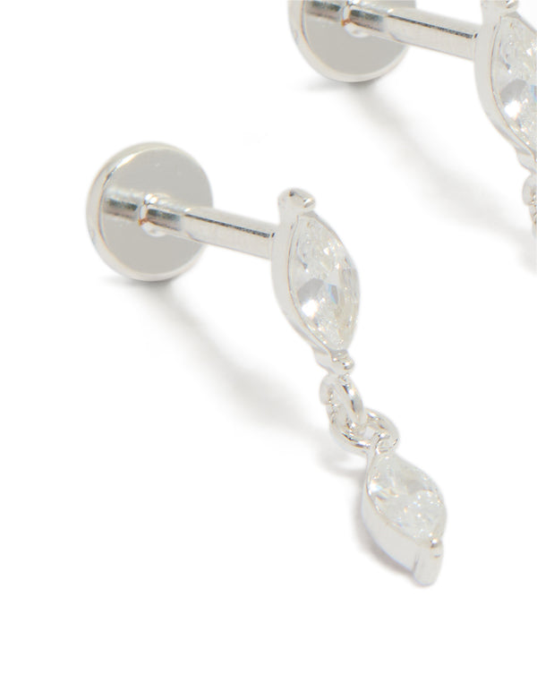 Featuring waterproof stainless steel marquise cubic zirconia drop flat back studs with crystal detail in silver and clear earrings close up view