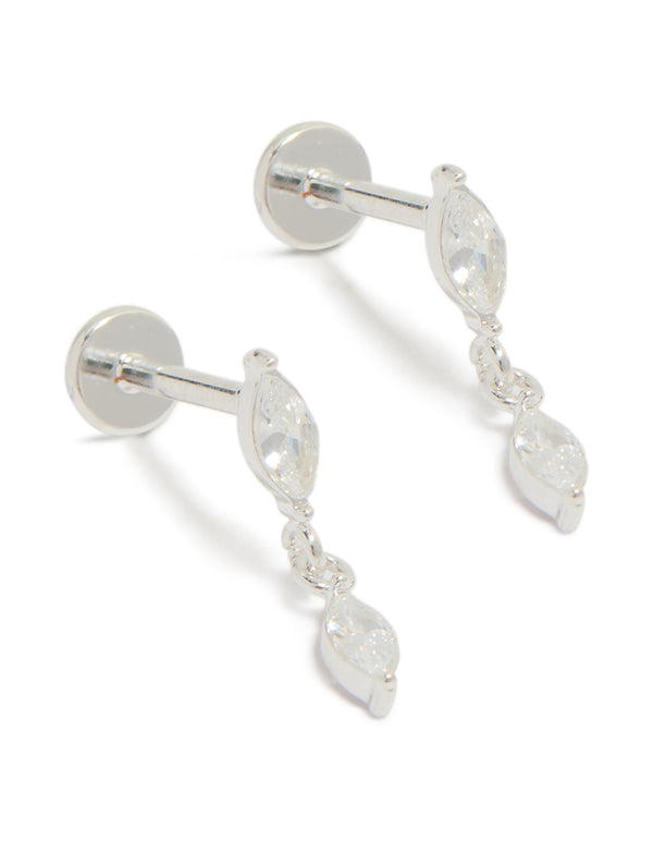 Showcasing waterproof stainless steel marquise cubic zirconia drop flat back studs crafted from crystal in silver and clear earrings front view