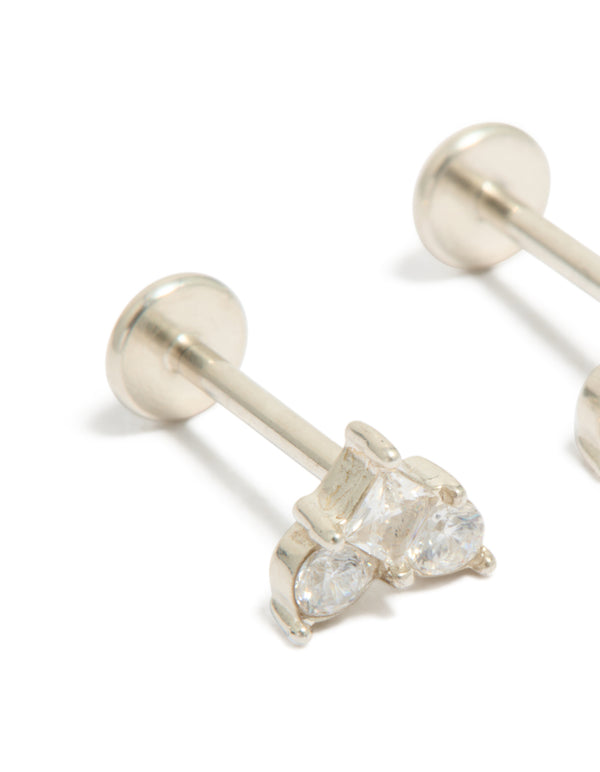 Featuring stud earrings crafted from waterproof stainless steel with cubic zirconia stones and flat back closure in close up view