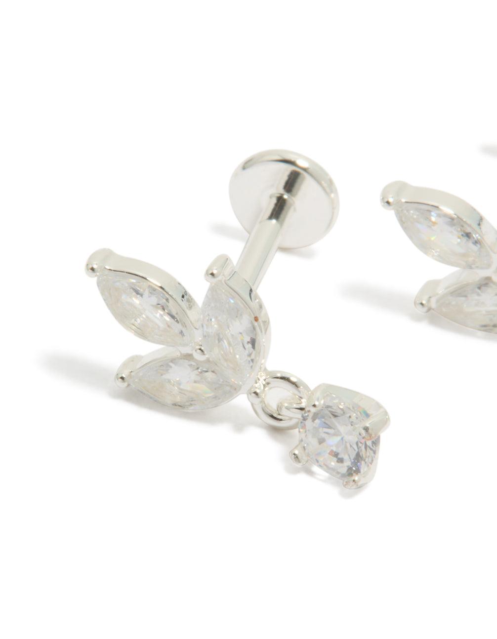 Designed with waterproof stainless steel flower cubic zirconia flat back studs in dainty silver and clear stone post detail view