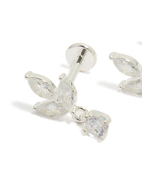 Showcasing dainty waterproof stainless steel flower cubic zirconia flat back earrings featuring floral details in silver and clear close up view - link has visual effect only