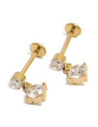 Beautifully crafted waterproof stainless steel drop stud earrings featuring round cubic zirconia stones and flat back closure in gold plated finish front view - link has visual effect only