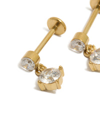 Showcasing waterproof stainless steel drop stud earrings featuring round cubic zirconia stones and flat back closure in gold plated finish close up view - link has visual effect only