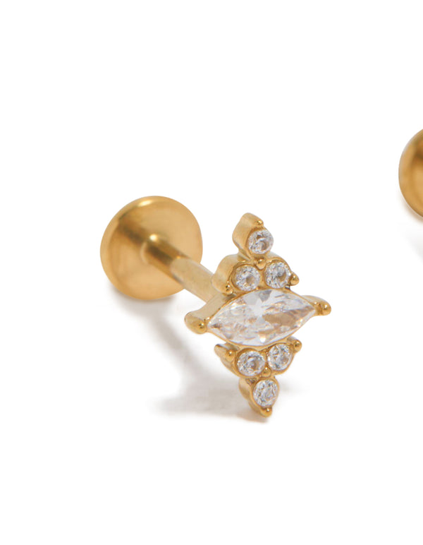 Showcasing waterproof diamond shaped cubic zirconia flat back studs in gold plated stainless steel close up view