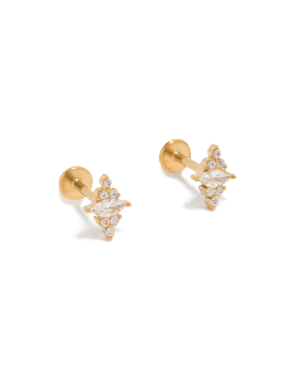 Beautifully crafted waterproof diamond shaped cubic zirconia flat back studs in gold plated stainless steel front view