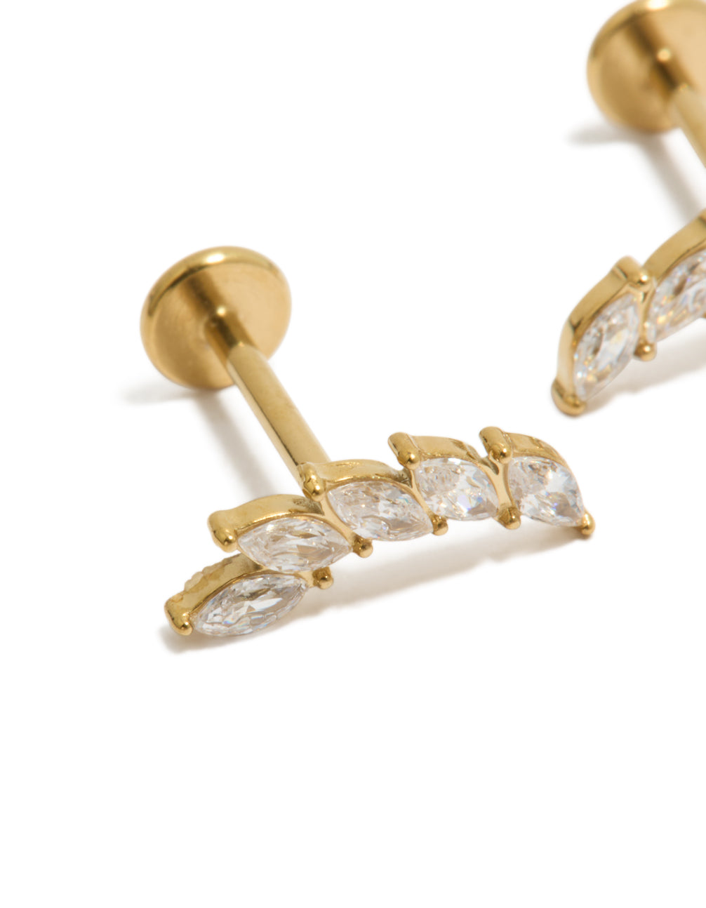 Detailed look at waterproof crawler stud earrings crafted from gold plated stainless steel featuring cubic zirconia stones in a leaf design with flat back closure close up view