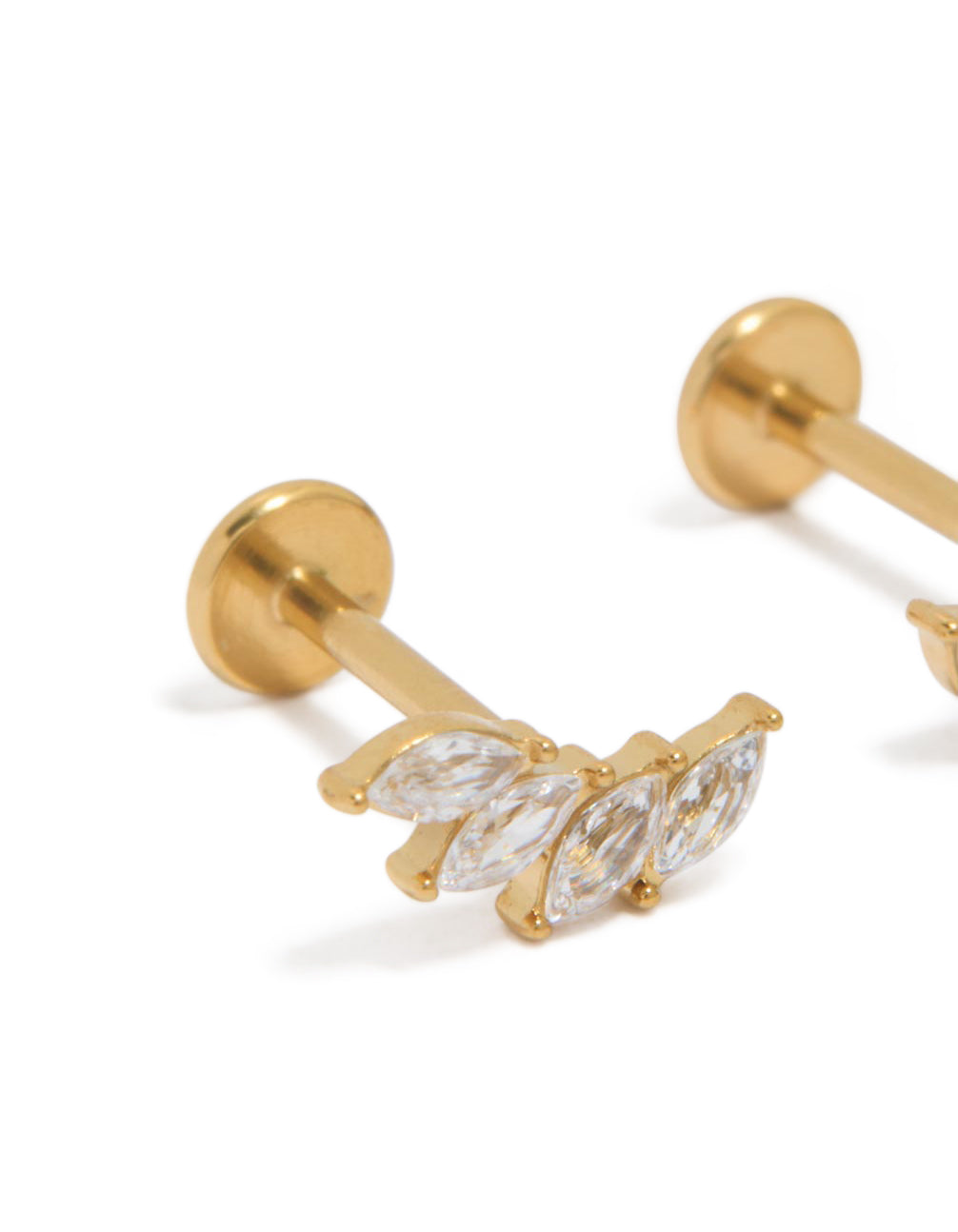 Beautiful waterproof graduated marquise cubic zirconia flat back studs in gold plated stainless steel close up view