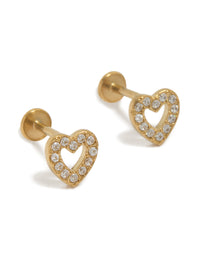 Showcasing waterproof gold plated stainless steel open heart studs with cubic zirconia and flat back closure front view - link has visual effect only