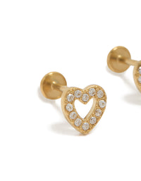Featuring waterproof gold plated stainless steel open heart studs with cubic zirconia and flat back closure close up view - link has visual effect only