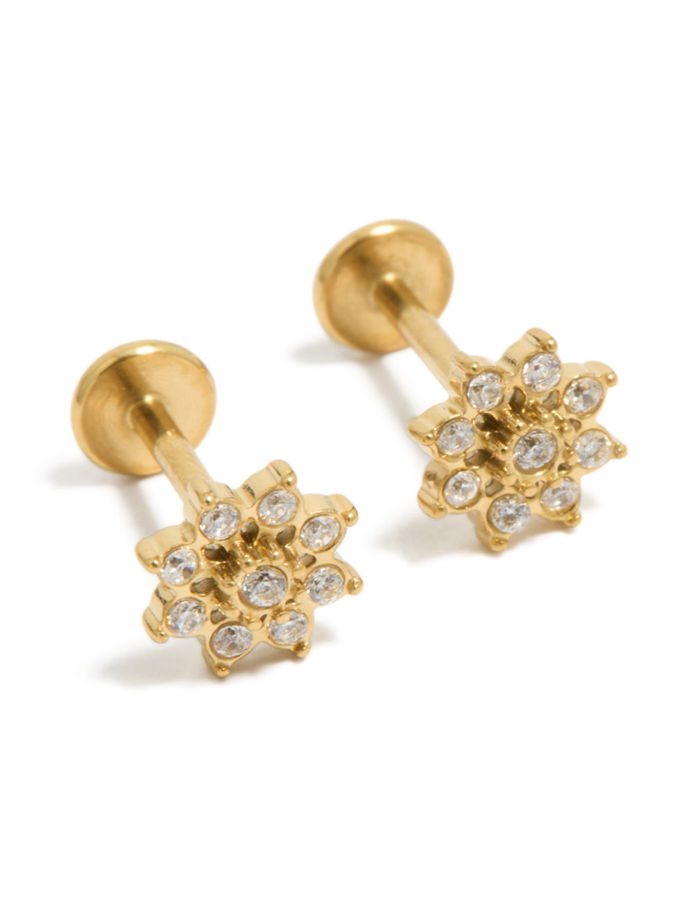 Featuring waterproof gold plated stainless steel cubic zirconia flower flat back studs front view