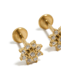 Showcasing waterproof gold plated stainless steel cubic zirconia flower flat back studs in close up view - link has visual effect only