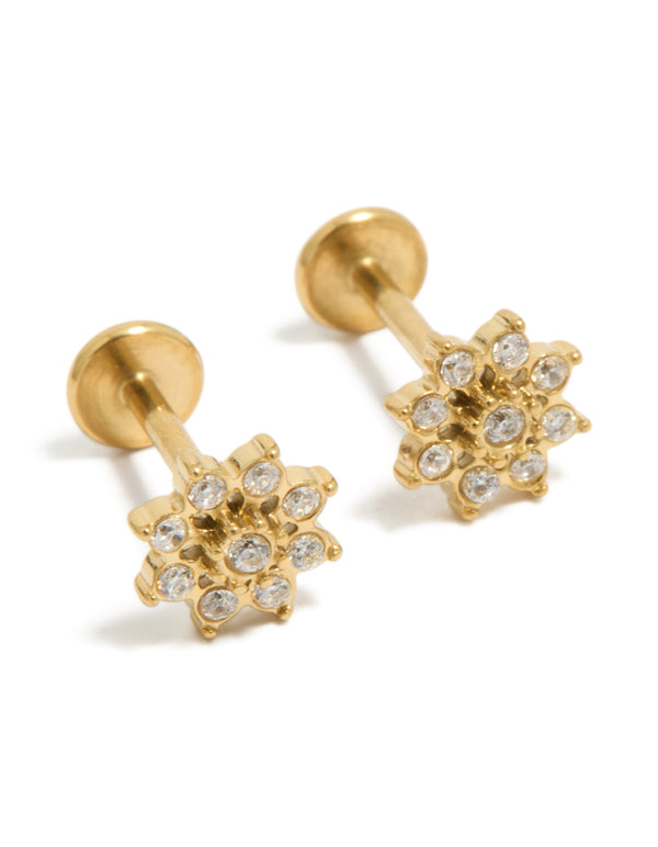 Featuring waterproof gold plated stainless steel cubic zirconia flower flat back studs front view