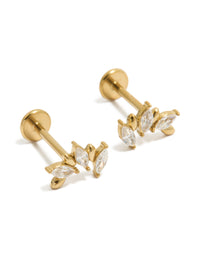 Showcasing waterproof gold plated stainless steel cubic zirconia mismatched flat back stud earrings with dainty style and crystal design in front view - link has visual effect only