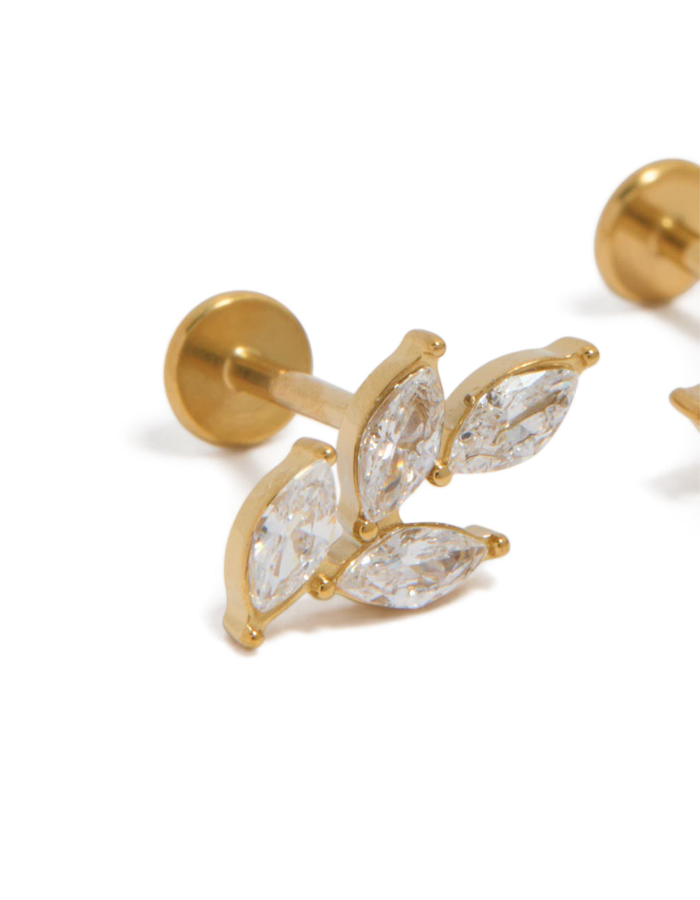 Stylish waterproof gold plated stainless steel large cubic zirconia vine flat back studs with leaf design in clear close up view