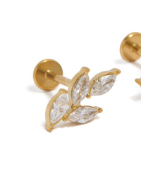 Stylish waterproof gold plated stainless steel large cubic zirconia vine flat back studs with leaf design in clear close up view - link has visual effect only