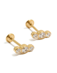 Discover waterproof gold plated stainless steel graduating bezel cubic zirconia flat back stud earrings front view - link has visual effect only