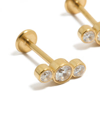 Explore waterproof gold plated stainless steel graduating bezel cubic zirconia flat back stud earrings close up view - link has visual effect only