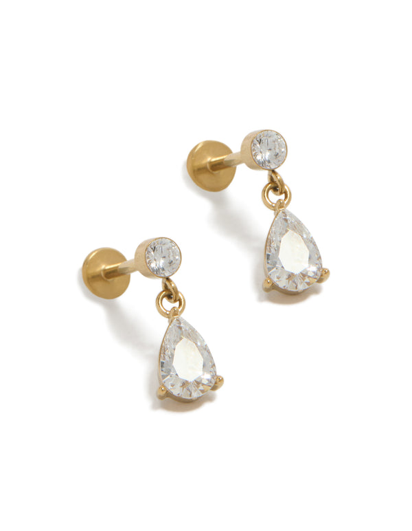 Showcasing waterproof gold plated stainless steel cubic zirconia pear flat back studs with dangle design front view