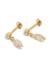 Elegant waterproof gold plated stainless steel marquise drop flat back stud earrings in gold and clear front view - link has visual effect only