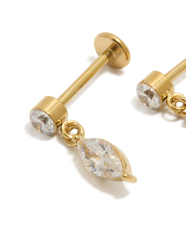 Waterproof gold plated stainless steel marquise drop flat back stud earrings in gold and clear close up view