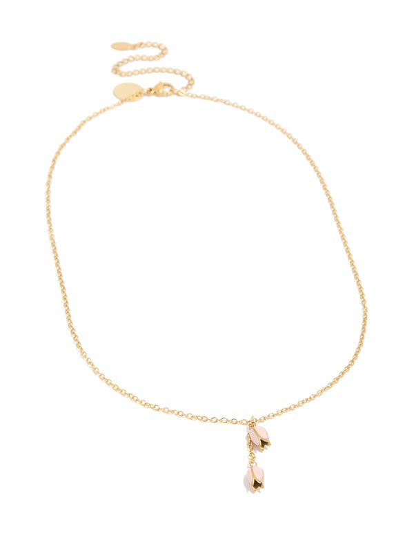 Discover a charm floral necklace with waterproof stainless steel construction and gold plated details in pink, dainty front view
