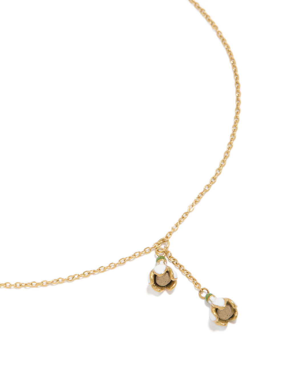 Discover this floral pendant necklace crafted from waterproof stainless steel with a plated finish in gold close up view