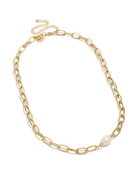 Discover this waterproof paperclip necklace featuring pearl Centre, crafted from gold plated stainless steel in chunky style front view - link has visual effect only