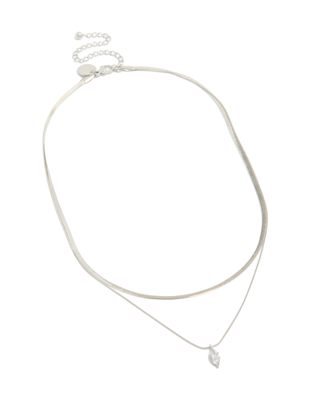 Introducing a waterproof stainless steel marquise cubic zirconia and snake chain necklace in silver featuring crystal front view