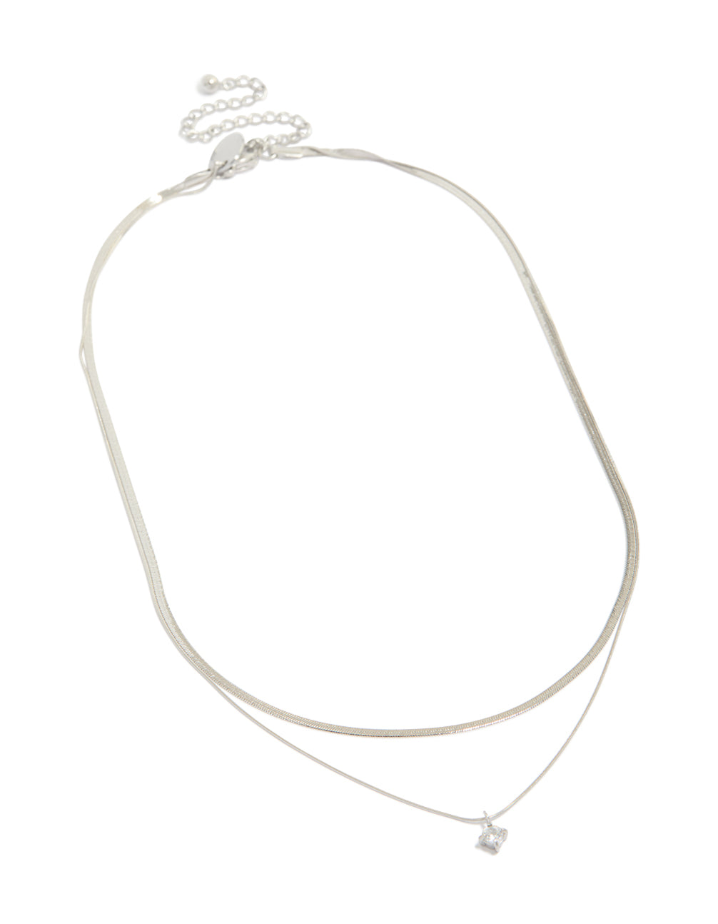 Explore this waterproof layered necklace with snake chain, round cubic zirconia, crystal details, and stainless steel in silver front view