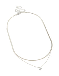Explore this waterproof layered necklace with snake chain, round cubic zirconia, crystal details, and stainless steel in silver front view - link has visual effect only
