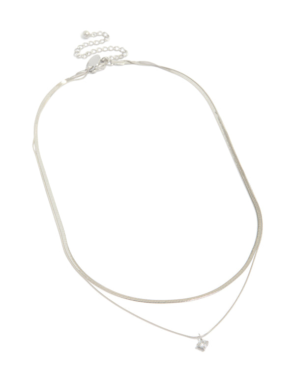 Explore this waterproof layered necklace with snake chain, round cubic zirconia, crystal details, and stainless steel in silver front view