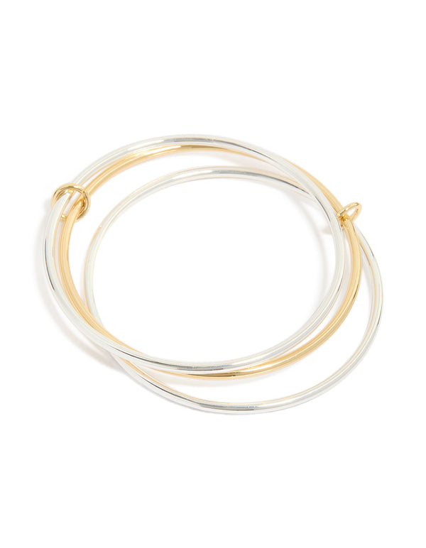 Waterproof Mixed Metal Plated Stainless Steel Interconnected Bangle crafted from gold and silver front view